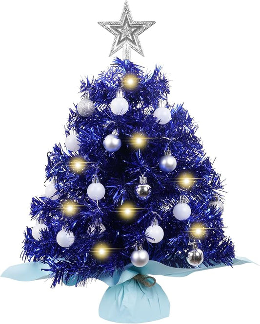 XmasExp Mini Christmas Tree with Lights Blue Small Christmas Tree Artificial Tabletop Xmas Decor Holiday Decoration for Home, Office, Party