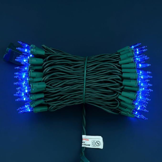 YULETIME 100 Count Blue Christmas Lights, 33 Feet Green Wire UL Certified Incandescent-Like LED Mini String Lights