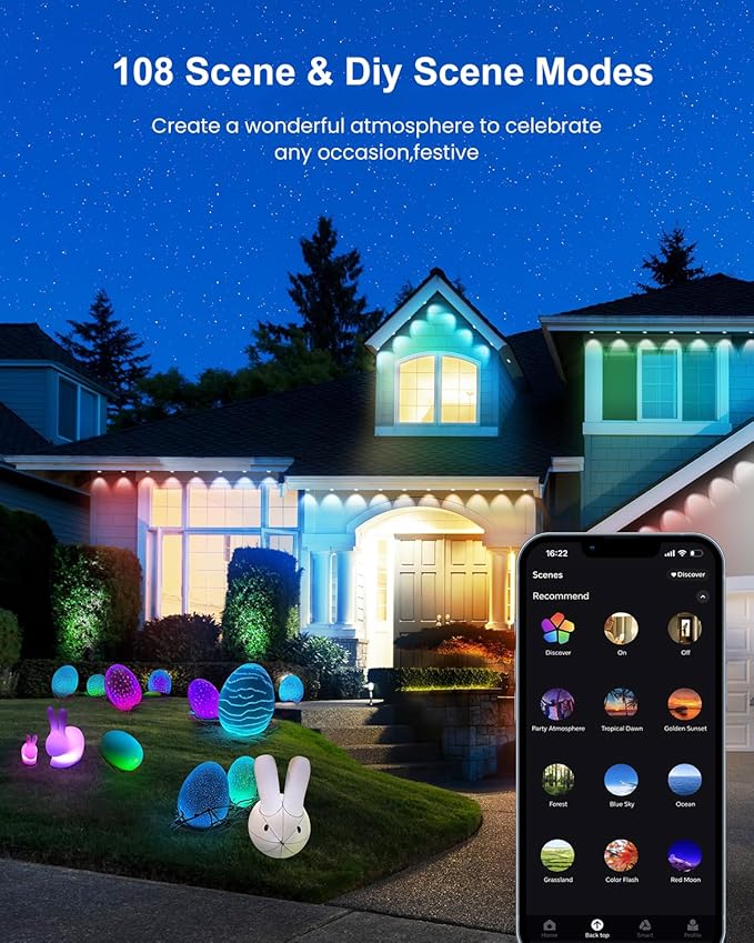 100ft Permanent Outdoor Smart Lights Pro with 60 RGBCW+IC LEDs & WiFi/Alexa Control, IP68 Waterproof Christmas Lights Outdoor Year-Round Lighting 108 Scene Modes for Daily, Halloween Décor