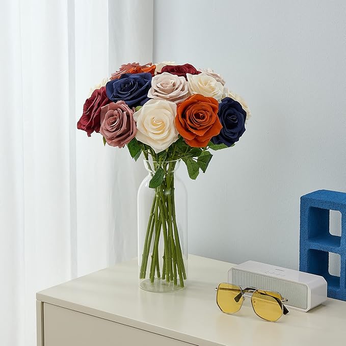 15pcs Fake Roses Artificial Silk Flowers Faux Rose Flower Long Stems Bouquet for Arrangement Wedding Centerpiece Party Home Kitchen Decor