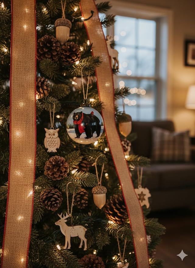 Black Bear Ornament with Red Scarf and Cardinal – Hand-Painted Glass Wildlife Christmas Ornament for Woodland Holiday Décor, Rustic Cabin Theme