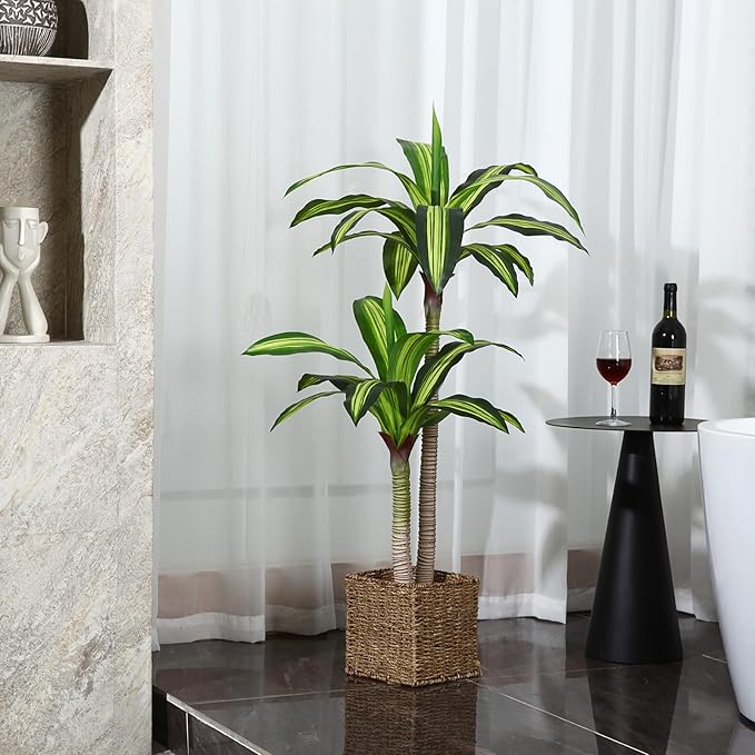 Artificial Plants, 4 Ft Dracaena Tree Faux Plants Indoor Outdoor Decor Fake Tree with Woven Seagrass Basket Plants for Home Decor Office Living Room Porch Patio Perfect Housewarming Gift