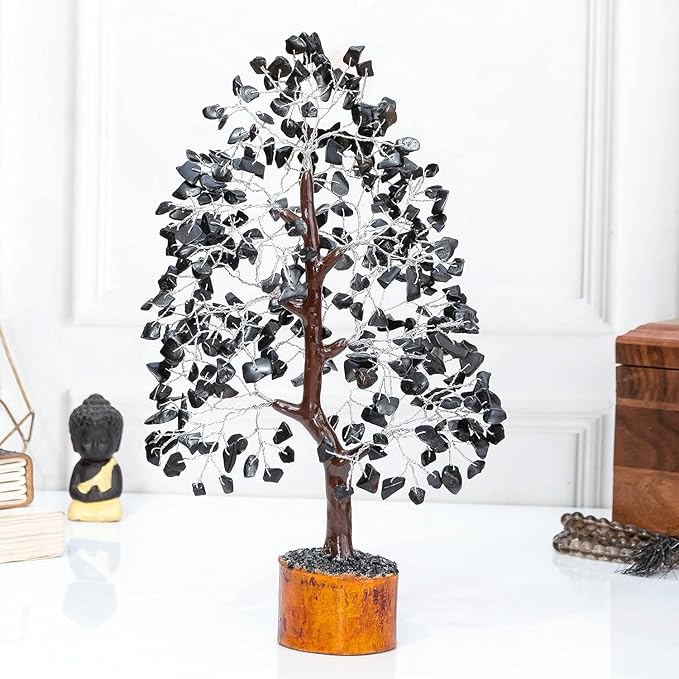 Black Tourmaline Gemstone Tree of Life Crystal Tree for Positive Energy, Handmade Chakra Tree Feng Shui Decor Good Luck Gem Bonsai Money Tree, Wealth & Prosperity, Spiritual