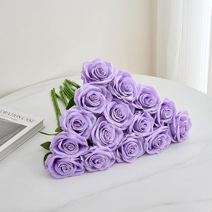 15pcs Fake Roses Lavender Artificial Silk Flowers Faux Rose Flower Long Stems Bouquet for Arrangement Wedding Centerpiece Party Home Kitchen Decor
