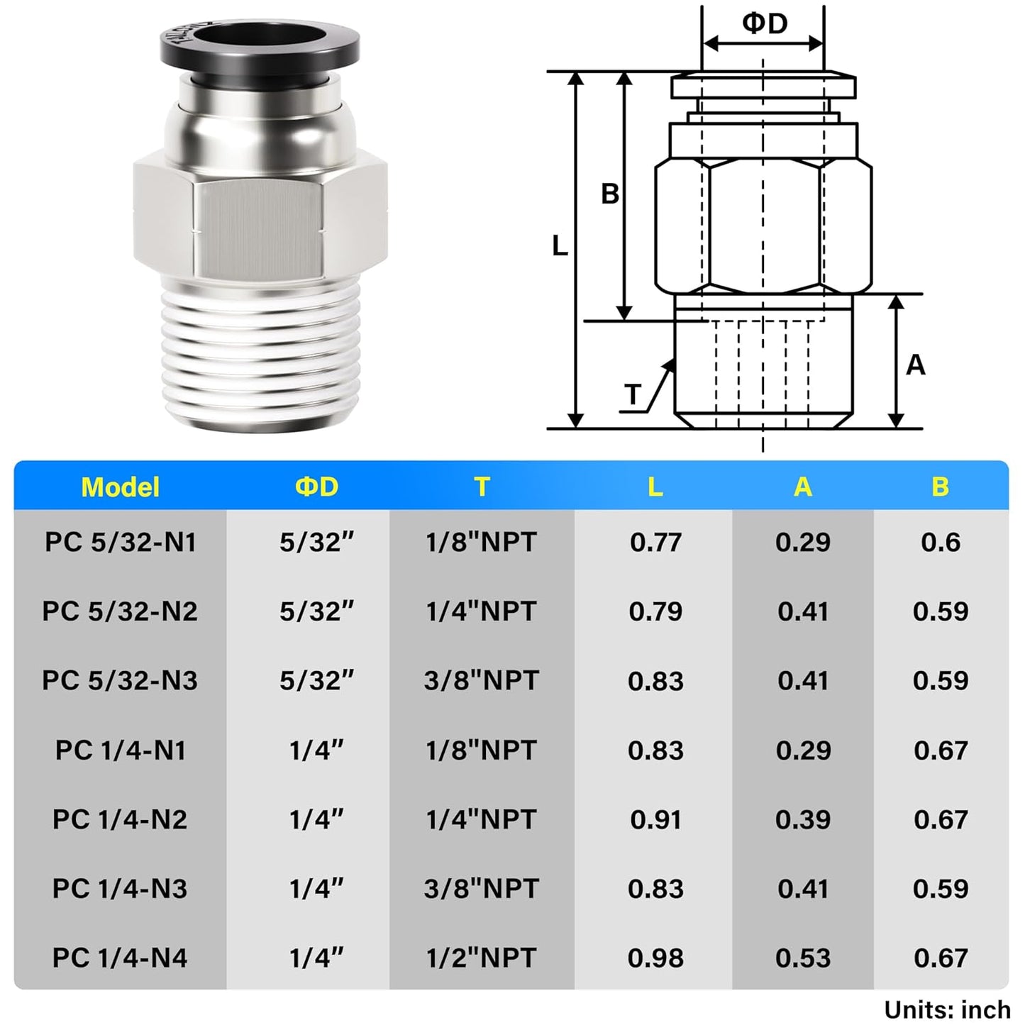 TAILONZ PNEUMATIC Elbow and Straight Combination 5/32 Inch Tube OD x 1/8 Inch NPT Thread Push to Connect Fittings PC-5/32-N1+PL-5/32-N1(Pack of 4)