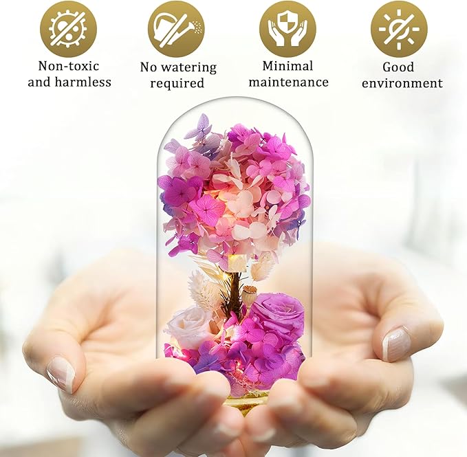 dranmoner Preserved Flower Glass Dome with LED Lights, Handmade Fantasy Purple Hydrangea and Roses Arrangement, Wood Base, for Mom Grandma Wife Friend Used as for Occasions Home Decor