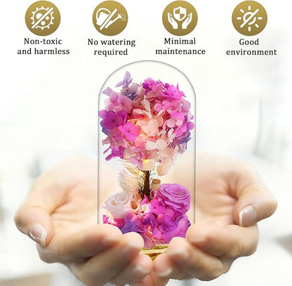 dranmoner Preserved Flower Glass Dome with LED Lights, Handmade Fantasy Purple Hydrangea and Roses Arrangement, Wood Base, for Mom Grandma Wife Friend Used as for Occasions Home Decor