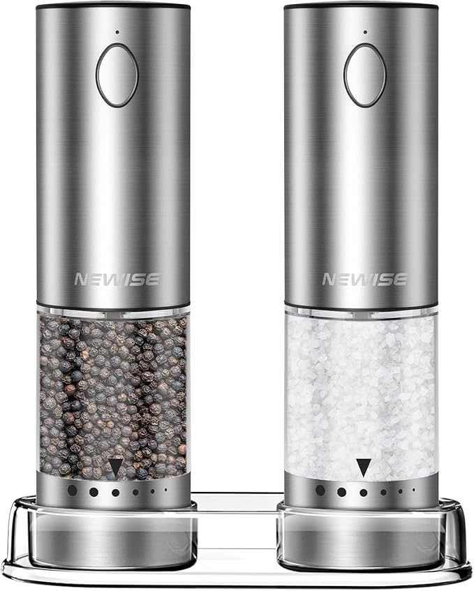 Electric Salt and Pepper Grinder Set - Christmas Kitchen Gift, Rechargeable with LED Lights, Stainless Steel Automatic Mill, Adjustable Coarseness, Large Capacity, Silver