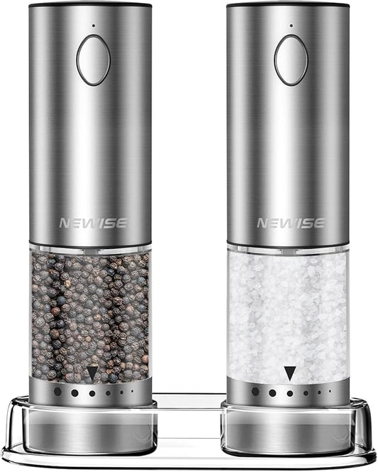 Electric Salt and Pepper Grinder Set - Christmas Kitchen Gift, Rechargeable with LED Lights, Stainless Steel Automatic Mill, Adjustable Coarseness, Large Capacity, Silver