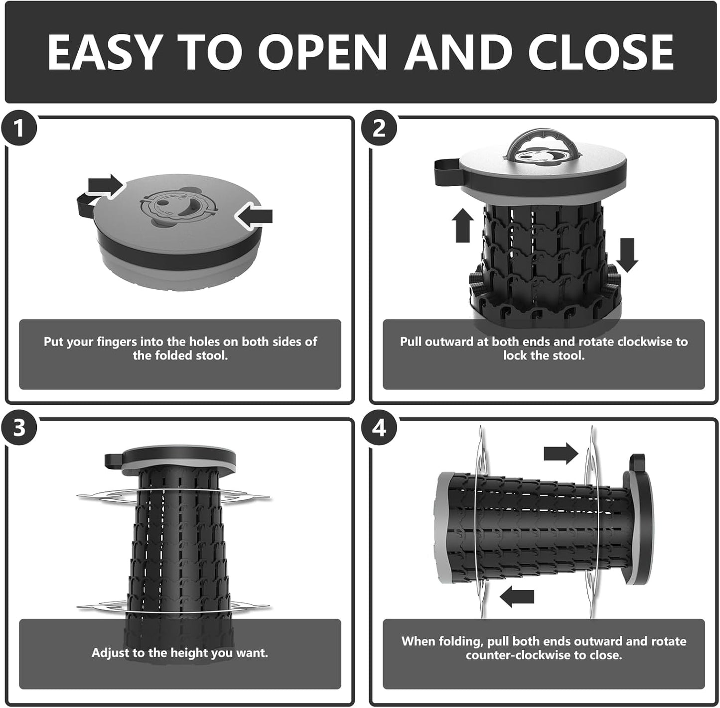 Upgraded Collapsible Stool with Max Load Capacity 330lbs Portable Telescoping & Folding Design Retractable Seat for Camping, Gardening, Fishing & Outdoor Adventures (Grey)