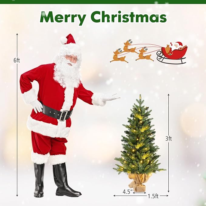 HAPPYGRILL 3FT Small Pre-Lit Christmas Tree, Mini Tabletop Xmas Tree with 363 Branch Tips, 50 LED Lights, Burlap Cement Base, Timer, Artificial Spruce Christmas Tree for Home Office Decor