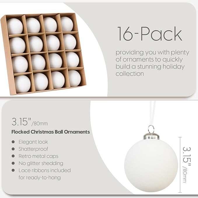 Sea Team 16-Pack Flocked Velvet Christmas Tree Ball Ornaments Set, Hanging Velour Baubles, Shatterproof Plastic Decorations for Xmas Tree, Wreath, Garland, 80mm/3.15 Inches, White