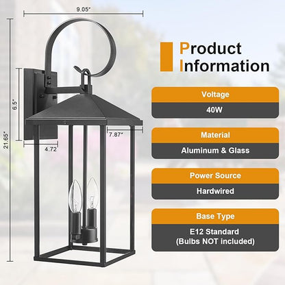 Large Outdoor Wall Lights Fixtures Wall Mount, 21.65" Large Outdoor Lanterns for Porch Light Fixture 2-Light, Modern Exterior Lighting Fixtures with Clear Glass for Outside Patio House