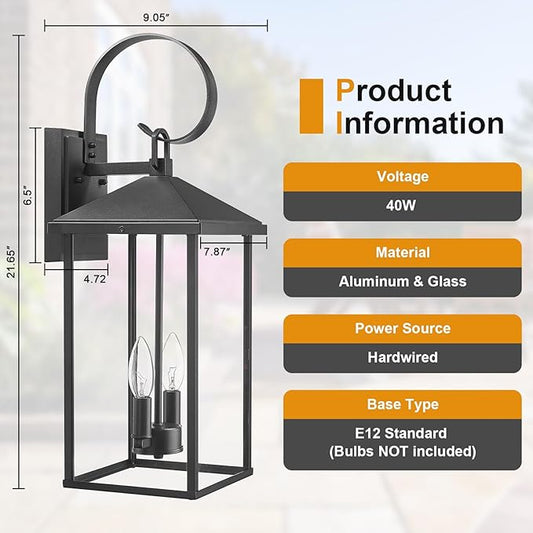 Large Outdoor Wall Lights Fixtures Wall Mount, 21.65" Large Outdoor Lanterns for Porch Light Fixture 2-Light, Modern Exterior Lighting Fixtures with Clear Glass for Outside Patio House