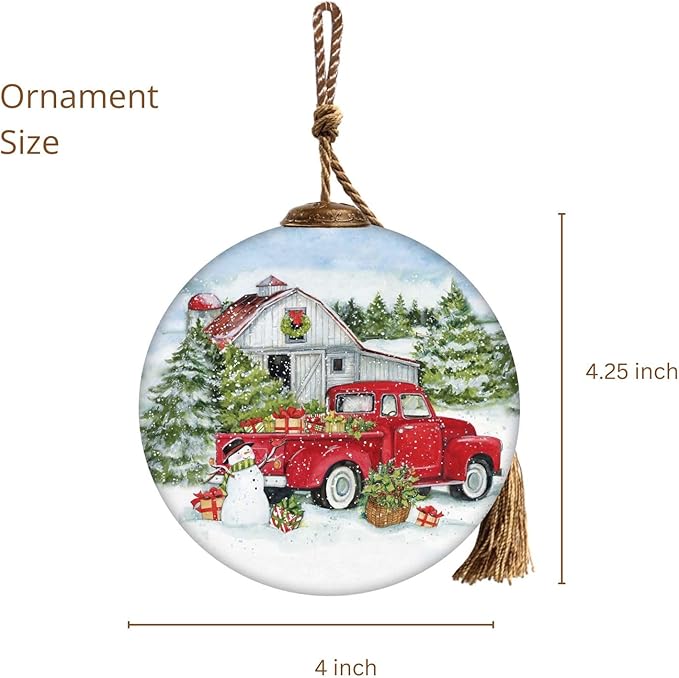Red Truck Christmas Ornament with Gifts and Barn – Farmhouse Holiday Decor – Hand-Painted Glass Vintage Red Truck Ornament for Christmas Tree