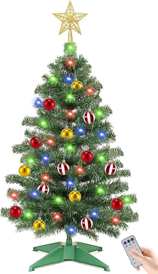 [ Remote Control & 12 Modes ] 3 Ft Christmas Tree with Timer 50 Warm White & Multi Color Lights, 15 DIY Ornaments 3D Star Topper - Artificial Small Green Christmas Tree for Home Indoor Tables - Green