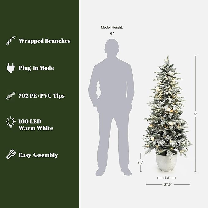 LuxenHome 5FT Small Potted Christmas Tree, Flocked Christmas Tree with 100 LED Globe Lights, Prelit Artificial Xmas Trees with White Round Pot, Lighted Pine Tree for Indoor, Outdoor Holiday Display