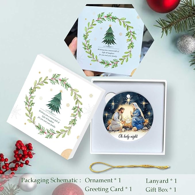 Oh Holy Night Ornaments Round Ceramic Birth of Jesus Mary Joseph Christ Ornament Christmas Keepsake Decor for Christmas Tree Winter Holiday Xmas Gift for Women Men Xmas Hanging Ornament 3"