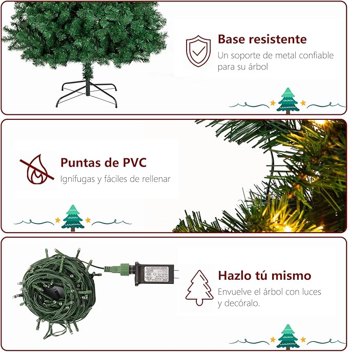 VINGLI 7ft Christmas Tree with 200 Warm LED Lights, 1100 Full PVC Tips, Pre-Lit Artificial Xmas Tree with Sturdy Metal Stand, 8 Lighting Modes for Holiday & Party Decorations