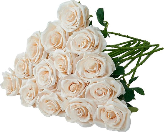 15pcs Champagne Roses Artificial Flowers Silk Fake Flowers Realistic Faux Roses Bouquet Long Stem for Wedding Home Party Birthday Decoration