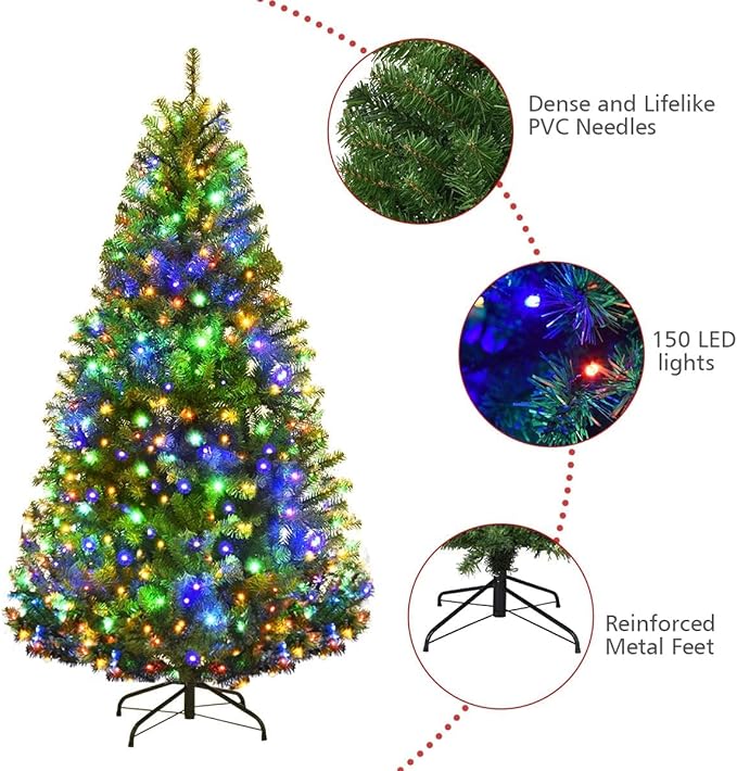 HAPPYGRILL 5FT Pre-lit Artificial Christmas Tree with 600 PVC Branch Tips, Foldable Base, Premium Hinged Spruce Xmas Tree with 11 Color Modes Lights for Holiday Decoration
