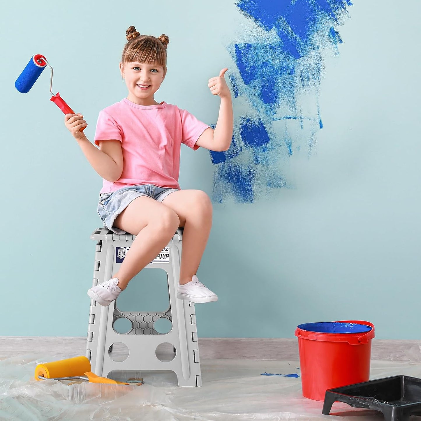 Delxo Folding Step Stool 17.5 Inch,Heavy Duty Step Stools for Adults,Non Slip Folding Stool with Handle,Premium Portable Foldable Step Stool for Kitchen Bathroom Bedroom Up to 400LBS,(Grey,1PC)