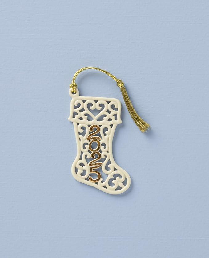 Lenox Ornament, 2025 A Year to Remember Stocking Ornament, Porcelain with Gold Accents and Gold Cord for Hanging, Tree Decorations, Winter Decor, Winter Tree Decor, Stocking Design (Cream, 1 Piece)