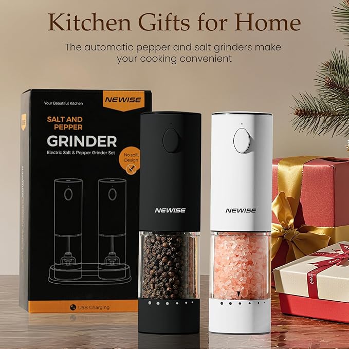 Rechargeable Electric Salt and Pepper Grinder Set, Adjustable Coarseness & LED Light, Stainless Steel Battery-Free Mill, Large Capacity, Gift Idea for Cooking - Black/White