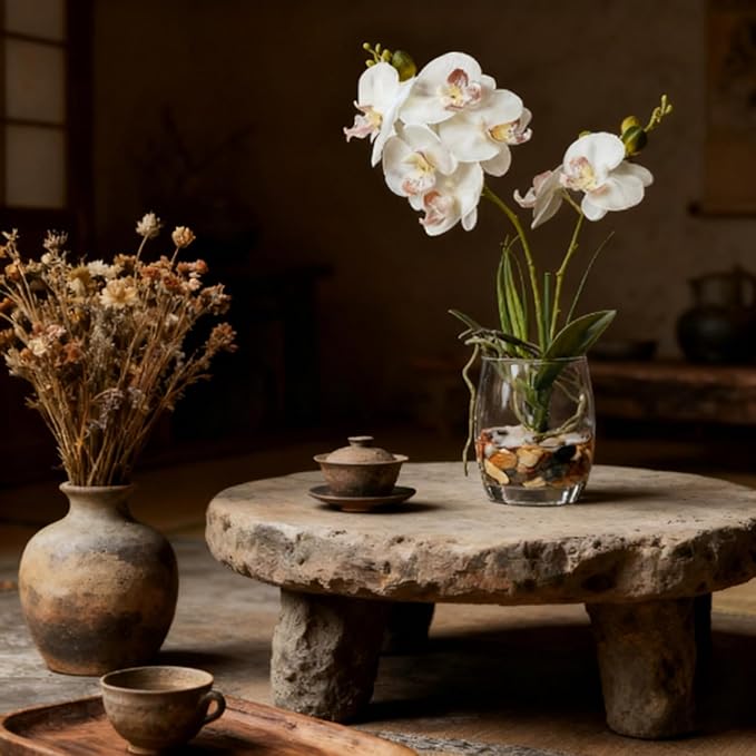 Jusdreen White Orchid Centerpiece in Glass Vase, 14.5 Inch Artificial Phalaenopsis with Potting for Home Office Decor, Table Centerpiece