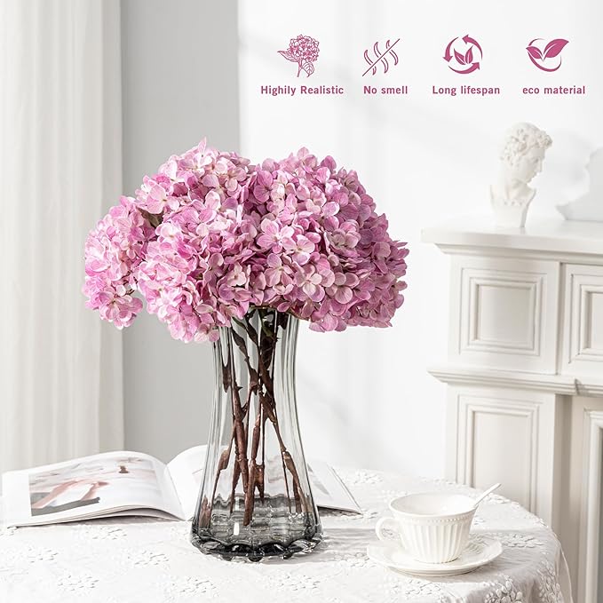 Artificial Flower Fake Silk Hydrangea Heads Bouquet with Stems Bulk for Fall Decoration Table Center Christmas Indoor Outdoor Faux Floral Realistic with Leaves Plants Crafts 8PCS(Pink)