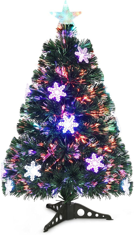 HAPPYGRILL 3FT Pre-lit Fiber Optic Christmas Tree Artificial Xmas Tree Green Christmas Tree with Star Lights, Metal Stand, Full Xmas Tree for Holiday Decoration