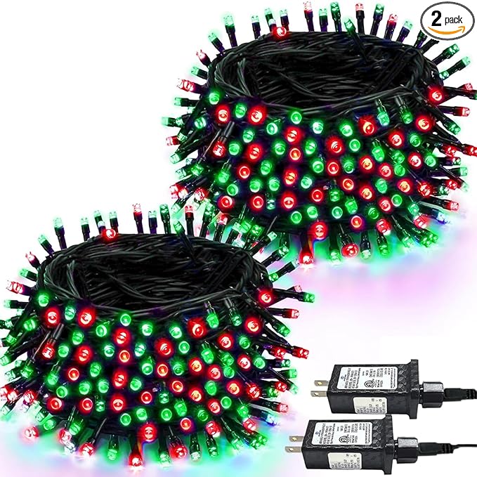 2 Pack Christmas String Lights Indoor Outdoor, Super Bright 66FT 200 LED String Lights Waterproof, 13 Modes Twinkle Xmas Lights with Timer for Christmas Tree Decorations (Red and Green)