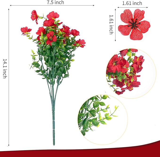 20 Bundles Artificial Flowers for Outdoors‌ with 6 Faux Butterflies, UV Resistant Fake Flowers‌ with Eucalyptus Leaves, Artificial Plants Outdoor‌ for Patio Garden Porch Home Decor (Red)