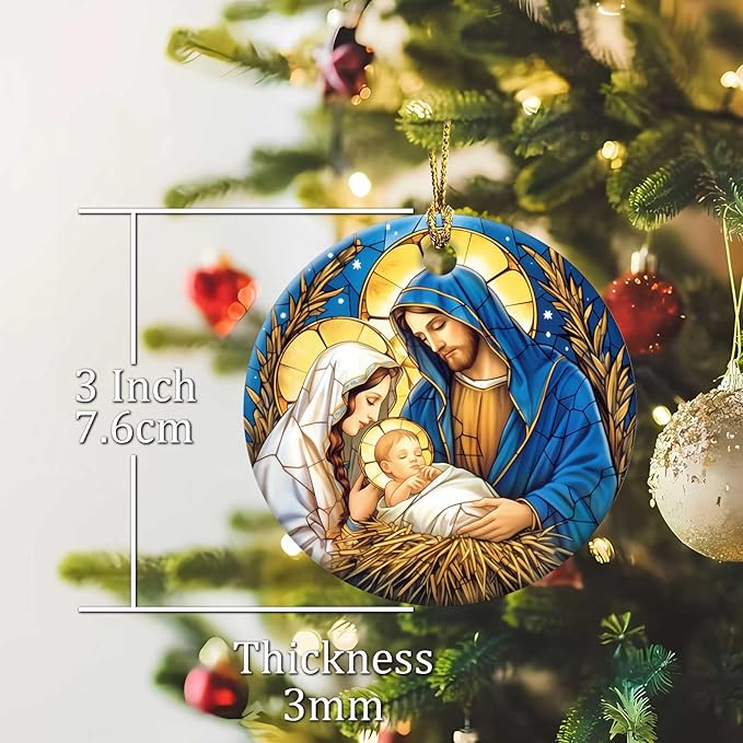 Nativity Night Ornaments Round Ceramic Stained Glass Style Birth of Jesus Christ Ornament Christmas Keepsake Decor for Christmas Tree Winter for Women Men Xmas Hanging Ornament 3"