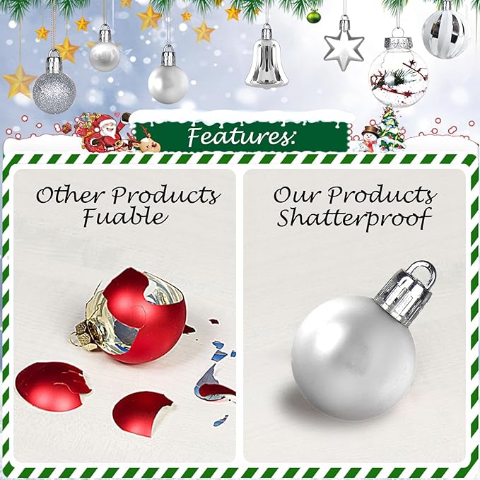 ILLUMINEW 111-Pack Christmas Balls Ornaments,Assorted Shatterproof Christmas Ornaments Set, Luxurious Hanging Pendants Package for Christmas Tree Party Holiday Indoor Decor (Silvery-111pcs)