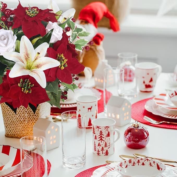 HUAESIN Poinsettias Artificial Christmas Flowers Cemetery Silk Christmas Floral Arrangements with Lily Rose Red Holly Berries Winter Flowers Christmas Picks for Xmas Home Vase Table Grave
