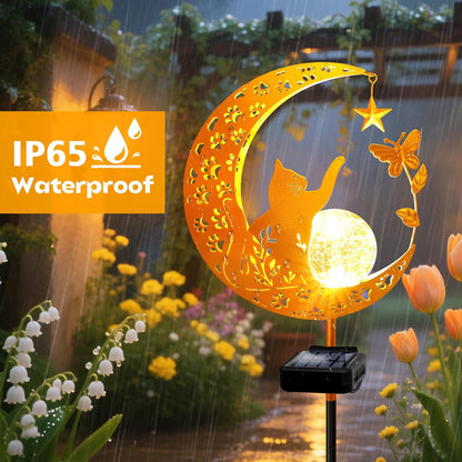 YJFWAL Garden Solar Cat Lights Pathway Stake Lights Glass Globe with Moon Cat Decor, Gifts for Mom Grandma Friends, Outdoor Decor Light Waterproof for Walkway, Yard, Patio or Garden (Warm White)