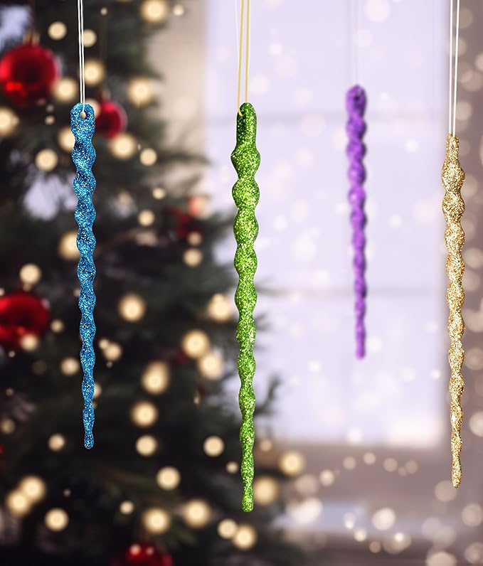 AMS Sparkling Glitter Plastic Icicle Ornaments 30 PCS Twisted Icicles Decoration Christmas Tree and Holiday Xmas Party Hanging (5.1'', Multi Color)