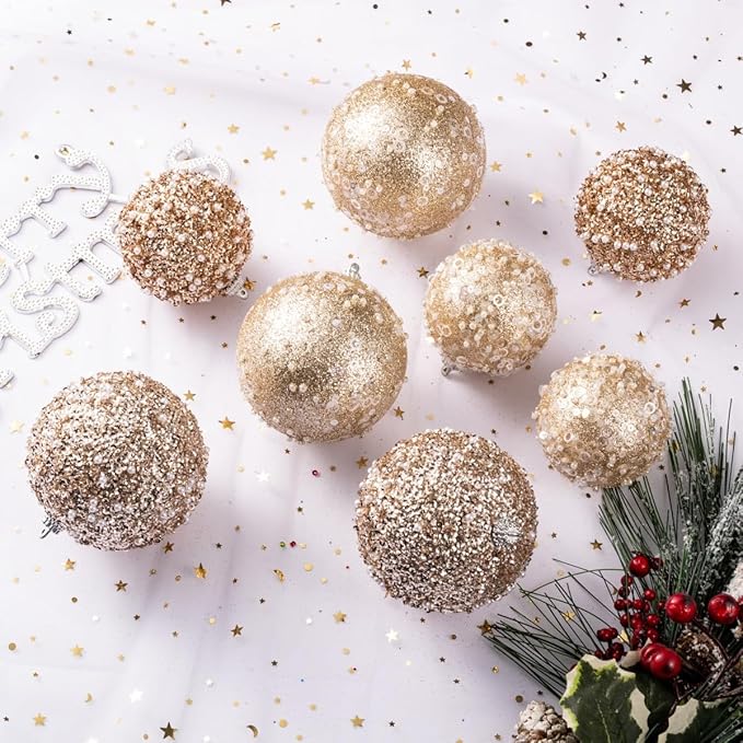 12CT Christmas Ball Ornaments, Champagne Christmas Ball Decorations Shatterproof Plastic Hanging Pearl Balls for Holiday Party(70mm/2.76")