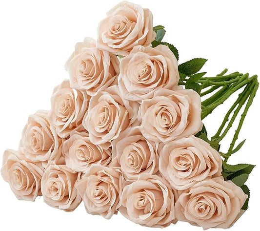 15pcs Fake Roses Artificial Silk Flowers Faux Rose Flower Long Stems Bouquet for Arrangement Wedding Centerpiece Party Home Kitchen Decor