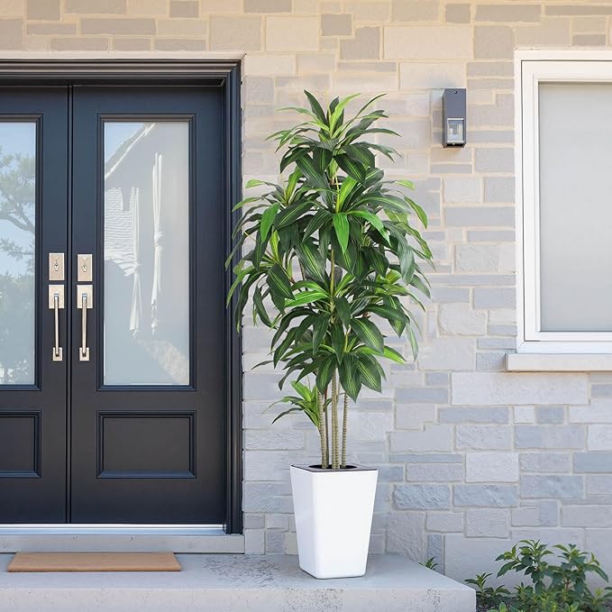 Artificial Dracaena Tree with White Tall Planter, 7ft Tall Potted Artificial Dracaena Silk Plant, Fake Yucca Tree Plant, Home Office Floor Room Decor Plants Indoor Outdoor, Housewarming Gift