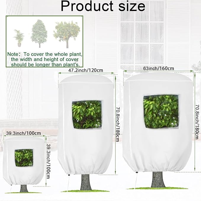 CMINGJ Plant Frost Protection Covers with Viewing Window, 39.37" x 39.37", 4 Pack, Reusable Drawstring Tree Cover, Winter Tree Blanket with Zipper for Outdoor Plants, Frost Protection Cloths (4 Pack)