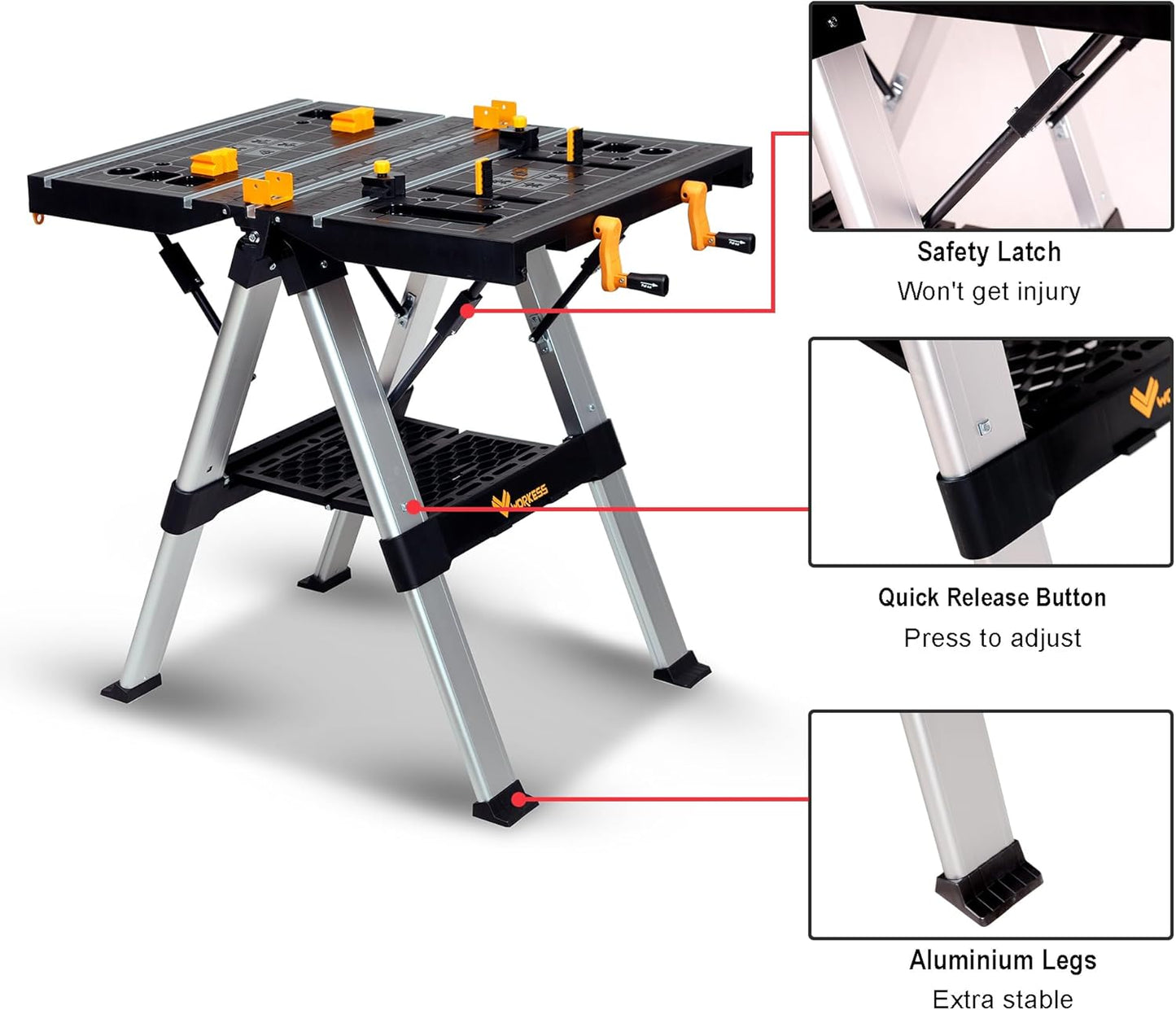 Portable Workbench & Sawhorse, 440Lbs/1000Lbs Capacity Heavy Duty Folding Work Table, 21.5"-32.5" Adjustable Height with Clamping System, 2 x 4 Support Arms, Tool Tray for Garage