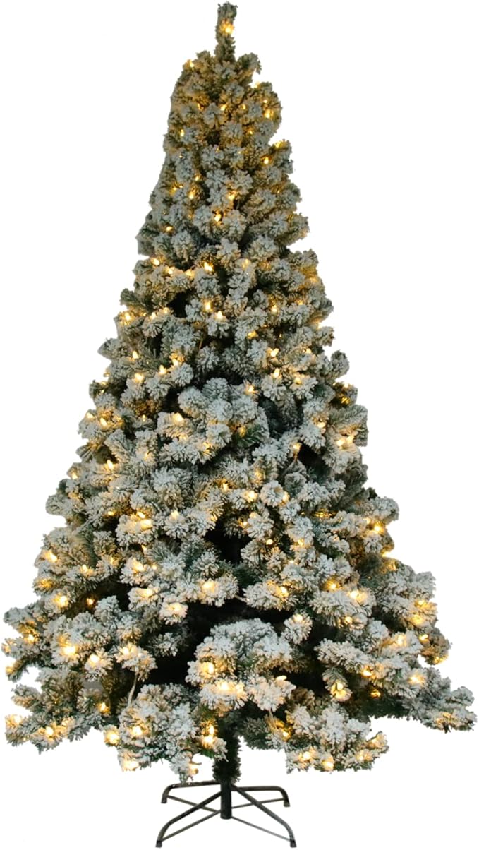 VINGLI 6ft Artificial Christmas Pine Tree with 550 Warm LED Lights, Pre-Lit Flocked Xmas Tree with 928 Full Branch Tips, Sturdy Metal Stand, 8 Color Modes for Holiday & Party Decorations