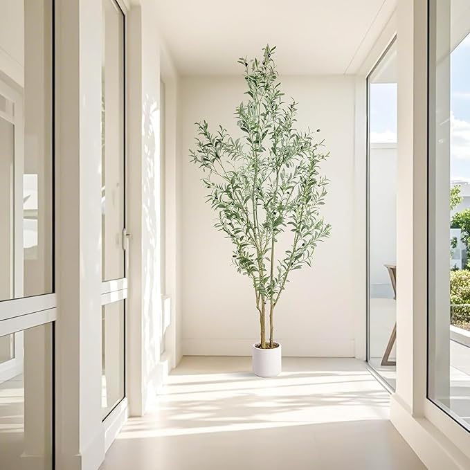 Artificial Fake Olive Tree 7FT Tall 1Pack with White Planter Faux Silk Olive Tree for Home Living Room Office Decor Faux Artificial Plants Indoor with Fruit & Free Moss