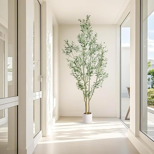 Artificial Fake Olive Tree 7FT Tall 1Pack with White Planter Faux Silk Olive Tree for Home Living Room Office Decor Faux Artificial Plants Indoor with Fruit & Free Moss