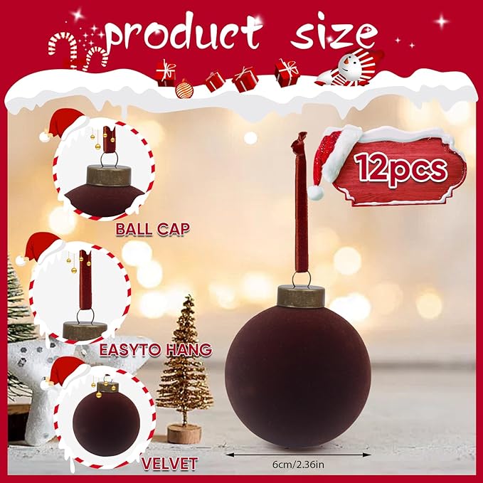 12 Pcs Velvet Christmas Balls Bulk Shatterproof Plastic Christmas Tree Decorations for Decorative Hanging Baubles (12, Coffee, 2.36Inch)