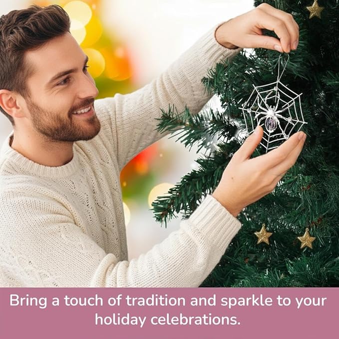 Matashi Silver Plated Christmas Tree Spider Ornament w Pink, Clear Crystals Lucky Hanging Decoration, Holiday Ornament Gift, Unique Spider Decor for Christmas & Halloween Party w Tinsel Legend Story