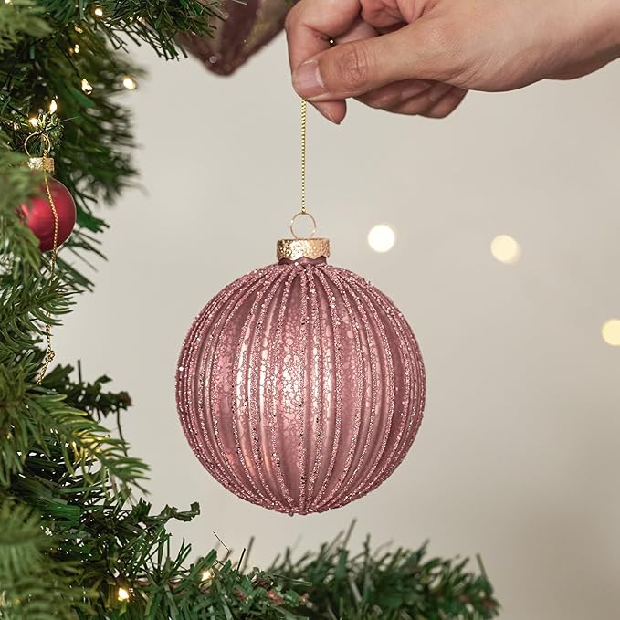 DN DECONATION 4PCS Christmas Ball Ornaments Set – 4” Pink Glass Hanging Ball Ornaments Set for Christmas Tree with Shimmering Silver Lines, Winter Decor Holiday Party Xmas Decorations