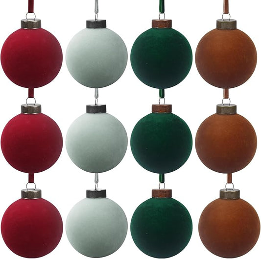 12 Pcs Velvet Christmas Balls Bulk Shatterproof Plastic Christmas Tree Decorations for Decorative Hanging Baubles (12, Wine red、Haze Blue、Blackish Green、Brown, 3.94Inch)